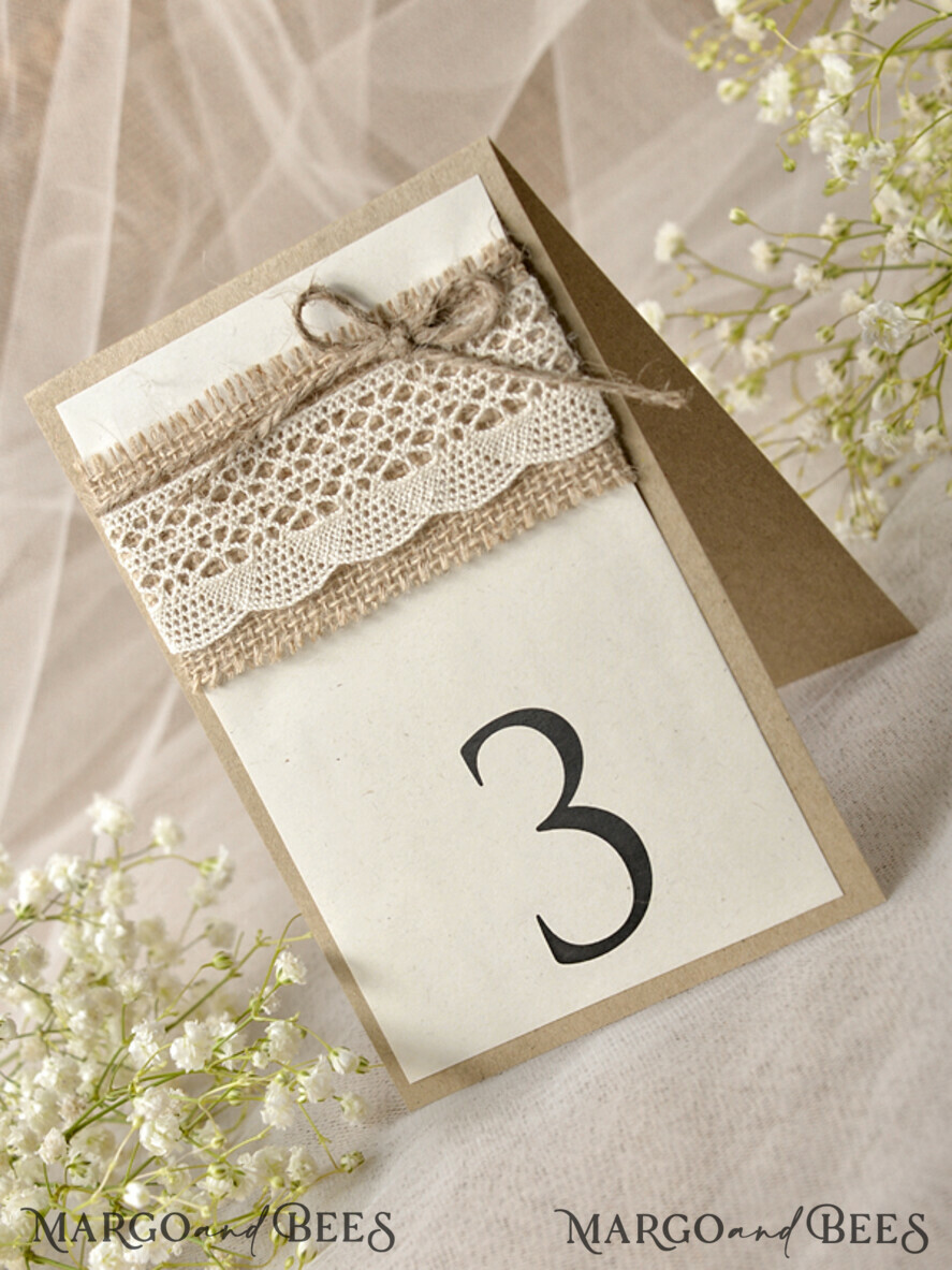 TABLE DECOR SIGNS Wood Eco Rustic Table numbers Rustic Wedding Table Number with Burlap Twine and Lace, Barn Wedding Table Cards, Elegant Eco Romantic Personalized Card, Simple Rustic Lace Wedding Table Decor