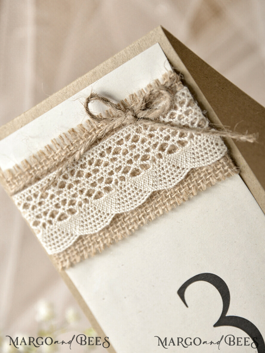 TABLE DECOR SIGNS Wood Eco Rustic Table numbers Rustic Wedding Table Number with Burlap Twine and Lace, Barn Wedding Table Cards, Elegant Eco Romantic Personalized Card, Simple Rustic Lace Wedding Table Decor