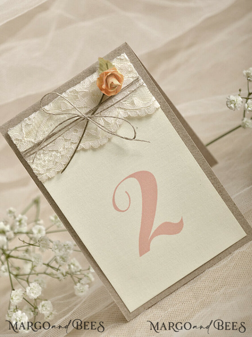 TABLE DECOR SIGNS Wood Eco Rustic Table numbers Rustic Wedding Table Numbers with Natural Twine, Wedding Table Cards, Eco Romantic Personalized Cards with Rose And Leaf decor, Simple Rustic Lace Wedding Table