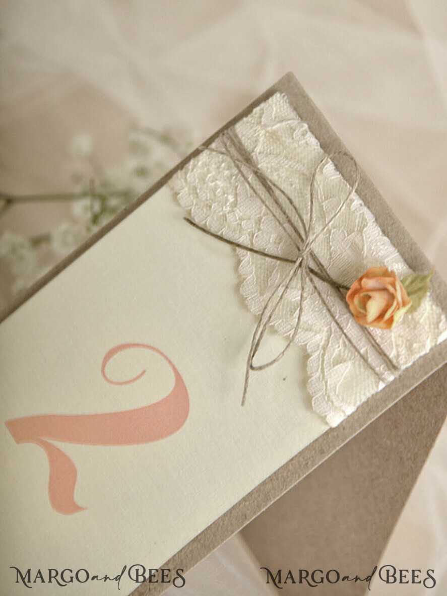 TABLE DECOR SIGNS Wood Eco Rustic Table numbers Rustic Wedding Table Numbers with Natural Twine, Wedding Table Cards, Eco Romantic Personalized Cards with Rose And Leaf decor, Simple Rustic Lace Wedding Table