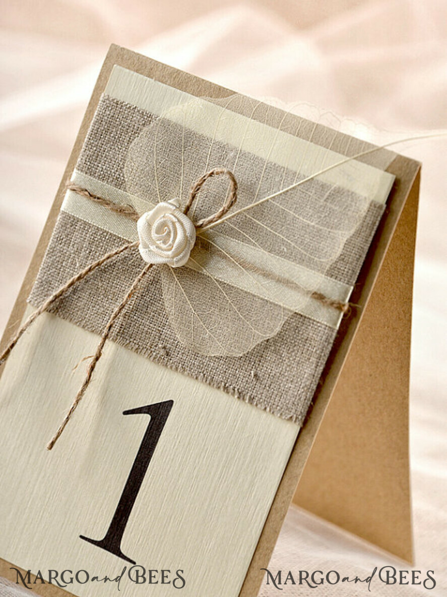 TABLE DECOR SIGNS Wood Eco Rustic Table numbers Rustic Eco Wedding Table Numbers with Burlap Twine, Natural Simple Wedding Table Cards, Personalized Cards with Rose and Leaf, Simple Rustic Wedding Table Décor