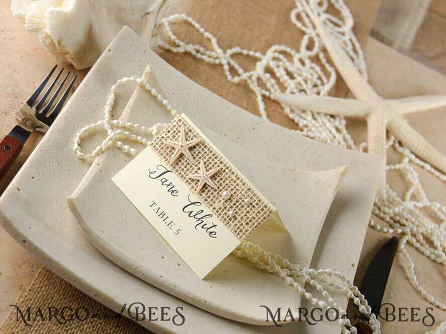 PLACE CARDS / TABLE CARDS Beach/marine/ Destionation Wedding Theme Ivory Marine Wedding Place Card with Starfish and Natural Burlap, Ivory Elegant Marine Name Tags For Your Wedding Tables, Delicate Ecru Wedding Place Cards