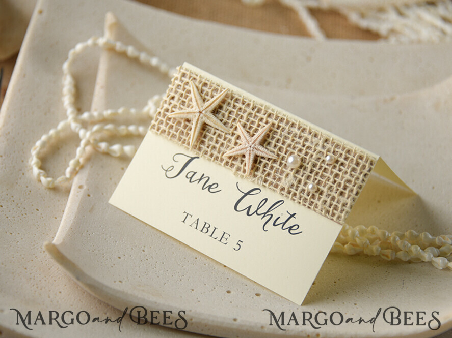 PLACE CARDS / TABLE CARDS Beach/marine/ Destionation Wedding Theme Ivory Marine Wedding Place Card with Starfish and Natural Burlap, Ivory Elegant Marine Name Tags For Your Wedding Tables, Delicate Ecru Wedding Place Cards