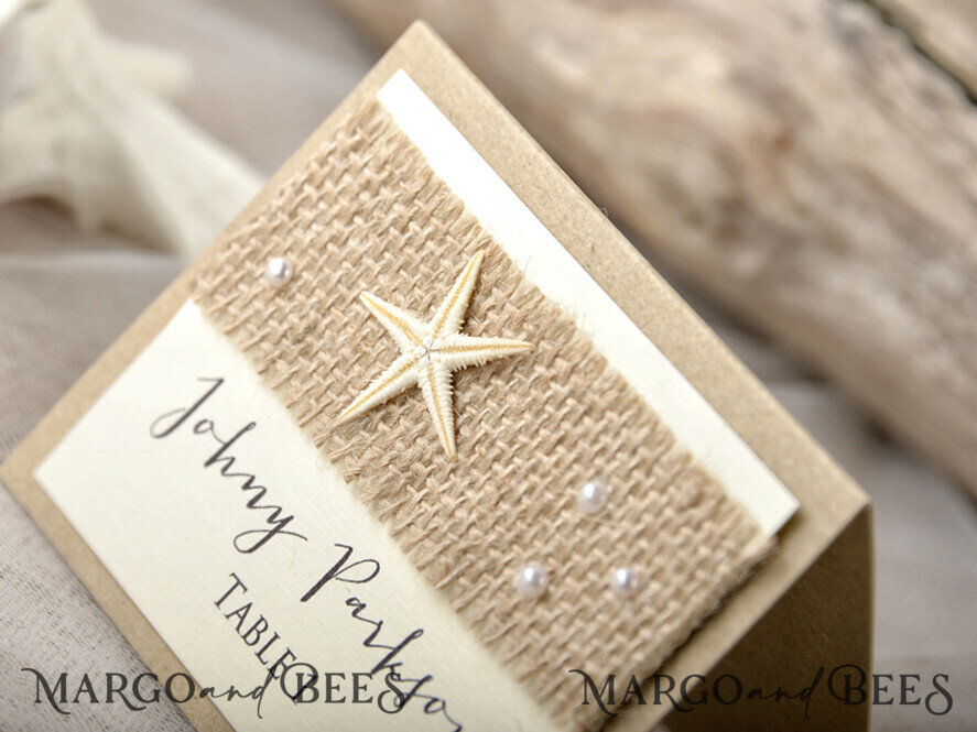 PLACE CARDS / TABLE CARDS Beach/marine/ Destionation Wedding Theme Marine Wedding Place Card with Starfish and Natural Burlap, Ivory and Brown Elegant Marine Name Tags For Your Wedding Tables, Delicate White Wedding Place Cards