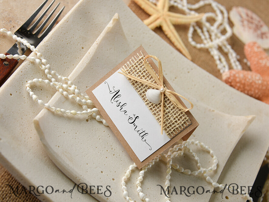 PLACE CARDS / TABLE CARDS Beach/marine/ Destionation Wedding Theme Marine Brown and White Place Card with Seashell and Raffia Twine, Elegant Name Tag For Your Wedding Tables, Natural Burlap Sea Themed Editable Place Cards