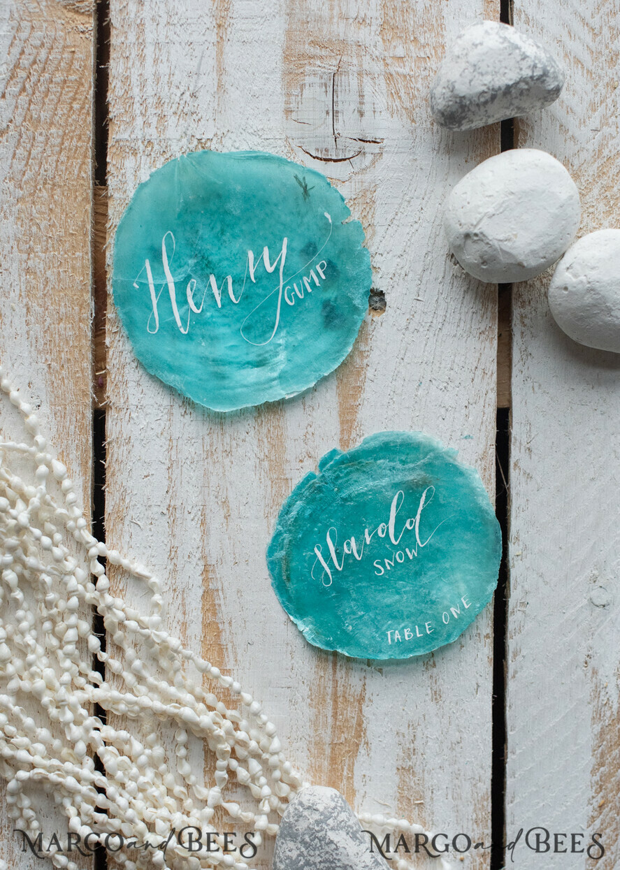 PLACE CARDS / TABLE CARDS Beach/marine/ Destionation Wedding Theme Unique Blue Seashell Wedding Place Cards, White Beach Themed with White Calligraphy Names, Elegant Name Tags For Your Wedding Table, Turquoise Marine Place Card