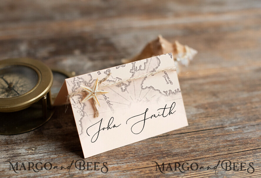 PLACE CARDS / TABLE CARDS Beach/marine/ Destionation Wedding Theme Elegant White Marine Wedding Place Cards with a Twine, Starfish and Map Graphic, Marine Name Tags for Your Wedding Tables, Romantic Editable Wedding Place Tags