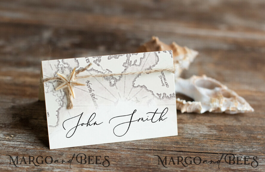 PLACE CARDS / TABLE CARDS Beach/marine/ Destionation Wedding Theme Elegant White Marine Wedding Place Cards with a Twine, Starfish and Map Graphic, Marine Name Tags for Your Wedding Tables, Romantic Editable Wedding Place Tags