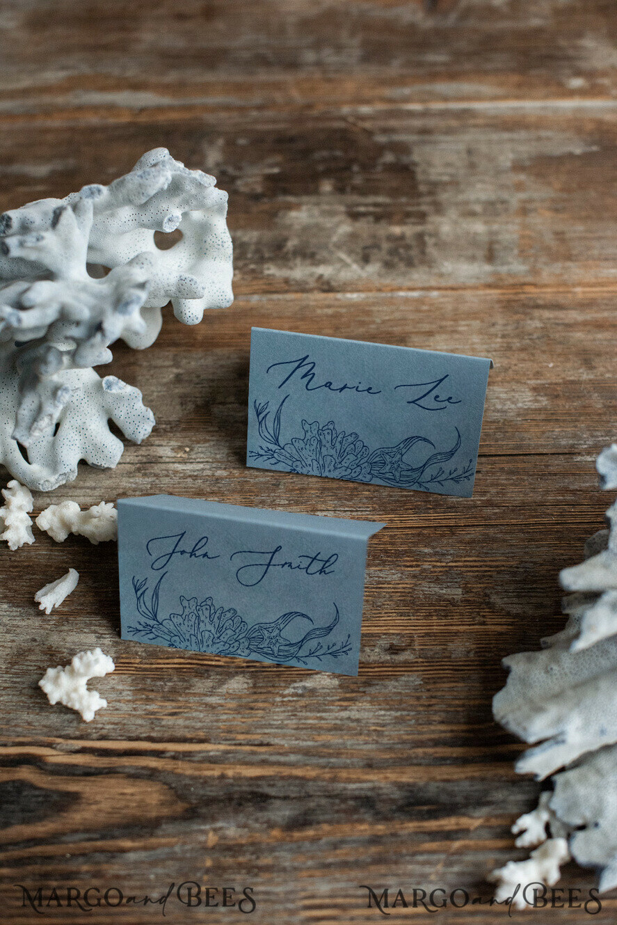 PLACE CARDS / TABLE CARDS Beach/marine/ Destionation Wedding Theme Elegant Dusty Blue Wedding Place Cards, Blue Sea Name Tags with Navy Blue Marine Graphic, Romantic Place Tags For Your Wedding Tables, Editable Text Table Decor