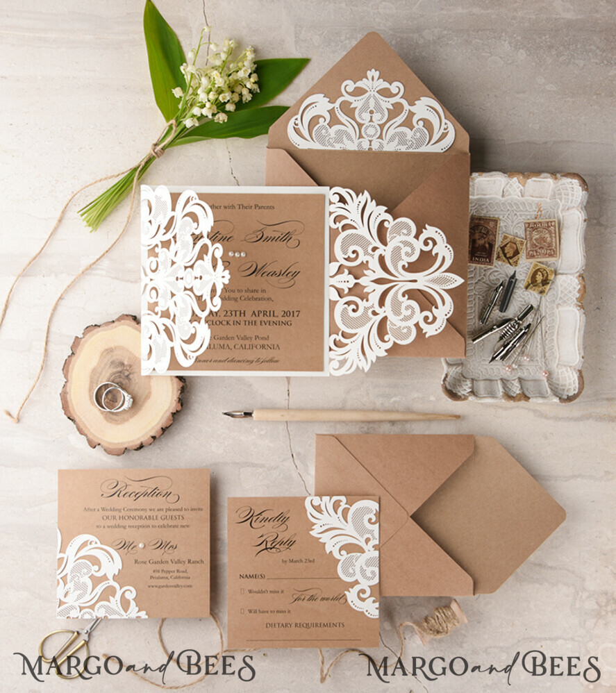 WEDDING INVITATIONS lasercut / engraved/ embossed Laser cut Wedding invitations suite, lace Rustic wedding invitation set, rustical wedding invites, eco rustic weding cards