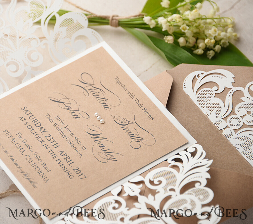 WEDDING INVITATIONS lasercut / engraved/ embossed Laser cut Wedding invitations suite, lace Rustic wedding invitation set, rustical wedding invites, eco rustic weding cards