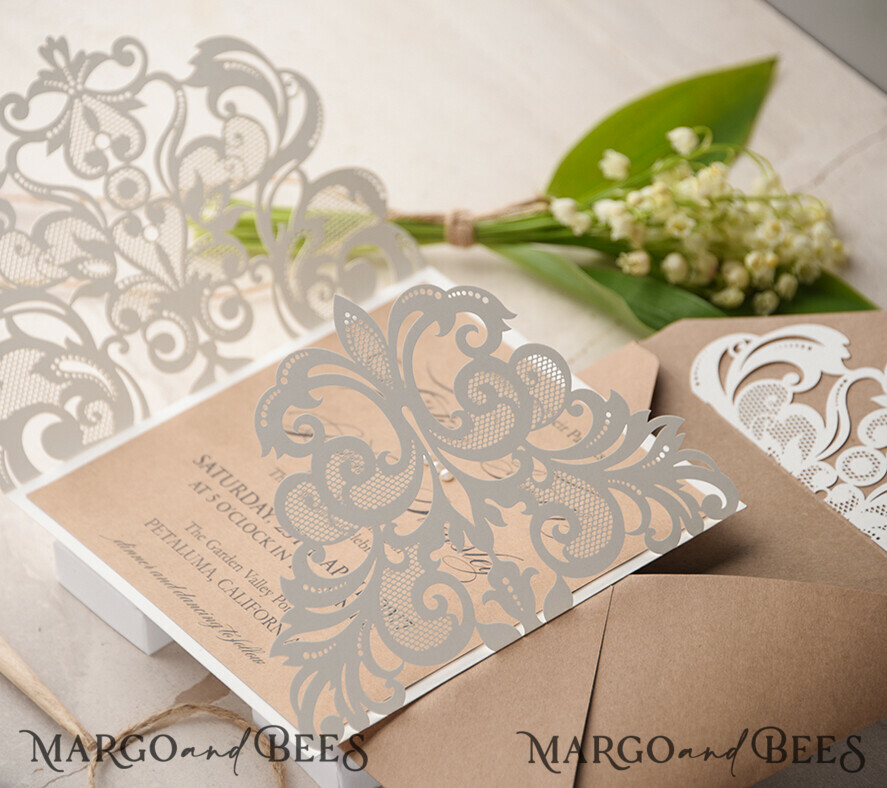 WEDDING INVITATIONS lasercut / engraved/ embossed Laser cut Wedding invitations suite, lace Rustic wedding invitation set, rustical wedding invites, eco rustic weding cards
