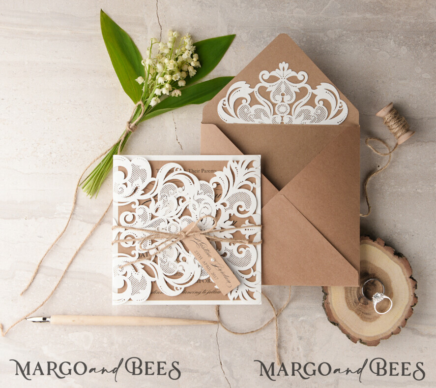 WEDDING INVITATIONS lasercut / engraved/ embossed Laser cut Wedding invitations suite, lace Rustic wedding invitation set, rustical wedding invites, eco rustic weding cards