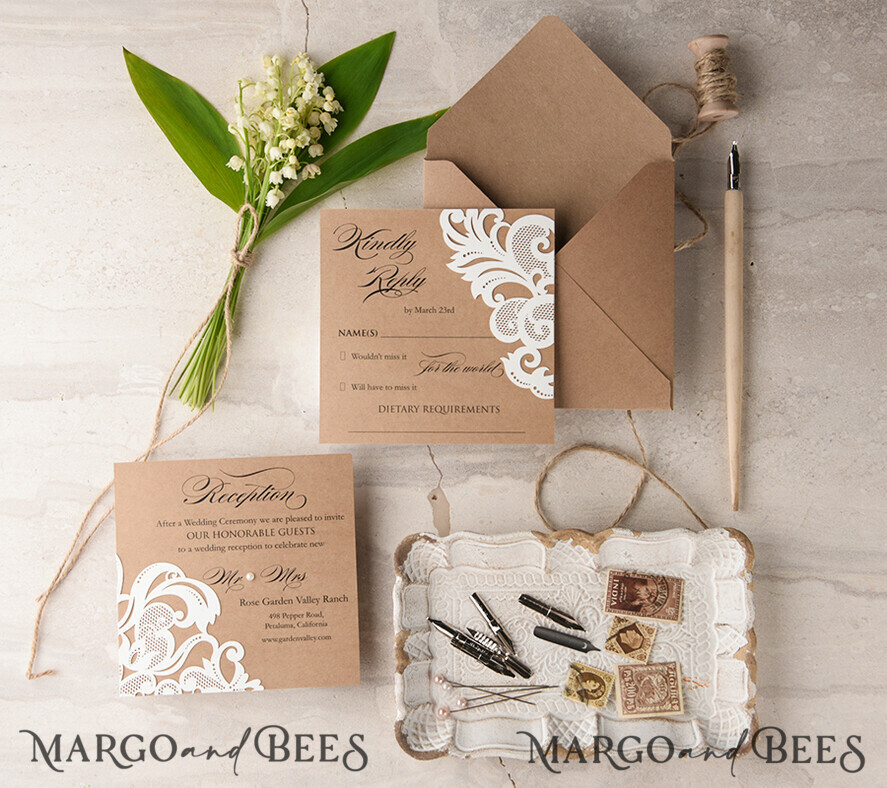 WEDDING INVITATIONS lasercut / engraved/ embossed Laser cut Wedding invitations suite, lace Rustic wedding invitation set, rustical wedding invites, eco rustic weding cards
