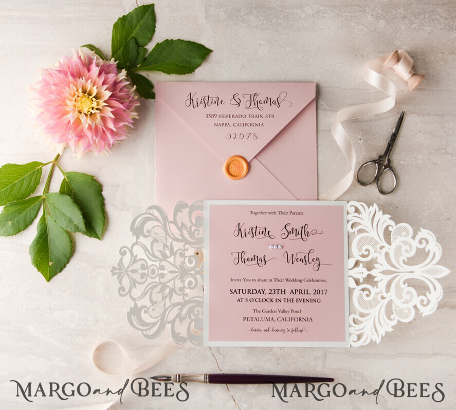 WEDDING INVITATIONS lasercut / engraved/ embossed Elegant Wedding invitations suite, lace Blush Pink wedding invitation set, Pink Cheap wedding invites, eco rustic weding cards