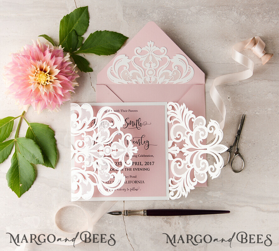 WEDDING INVITATIONS lasercut / engraved/ embossed Elegant Wedding invitations suite, lace Blush Pink wedding invitation set, Pink Cheap wedding invites, eco rustic weding cards