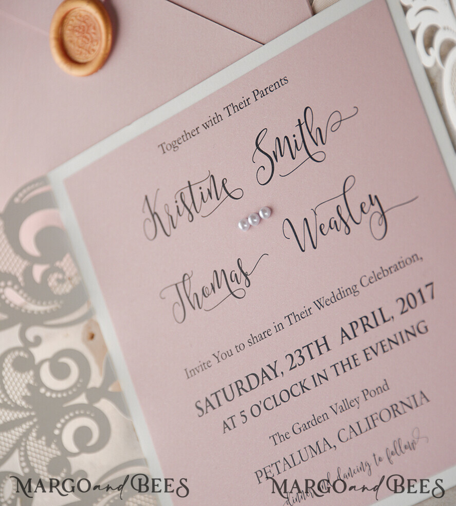 WEDDING INVITATIONS lasercut / engraved/ embossed Elegant Wedding invitations suite, lace Blush Pink wedding invitation set, Pink Cheap wedding invites, eco rustic weding cards