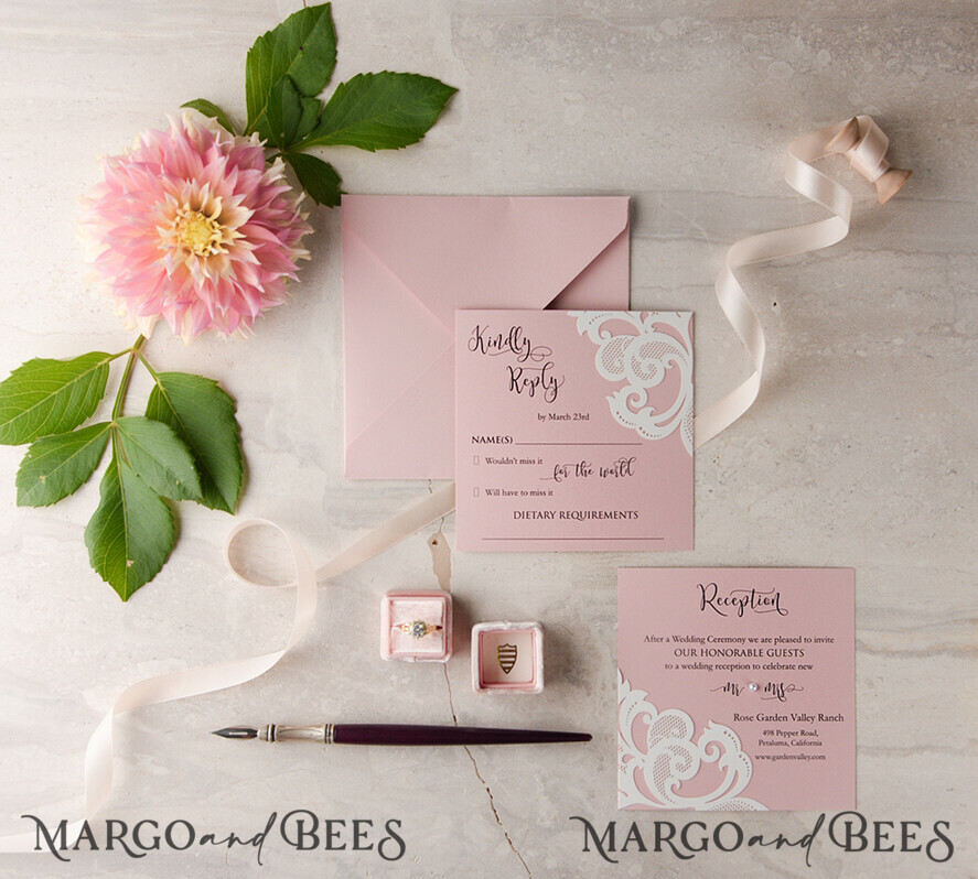 WEDDING INVITATIONS lasercut / engraved/ embossed Elegant Wedding invitations suite, lace Blush Pink wedding invitation set, Pink Cheap wedding invites, eco rustic weding cards