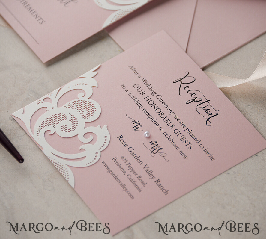 WEDDING INVITATIONS lasercut / engraved/ embossed Elegant Wedding invitations suite, lace Blush Pink wedding invitation set, Pink Cheap wedding invites, eco rustic weding cards