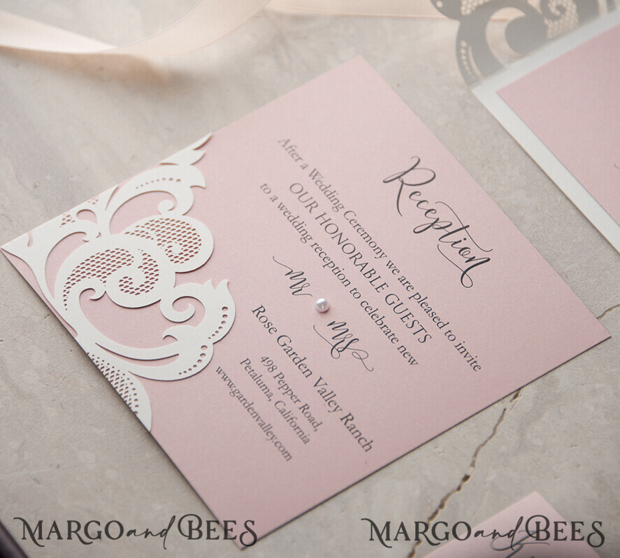 WEDDING INVITATIONS lasercut / engraved/ embossed Elegant Wedding invitations suite, lace Blush Pink wedding invitation set, Pink Cheap wedding invites, eco rustic weding cards