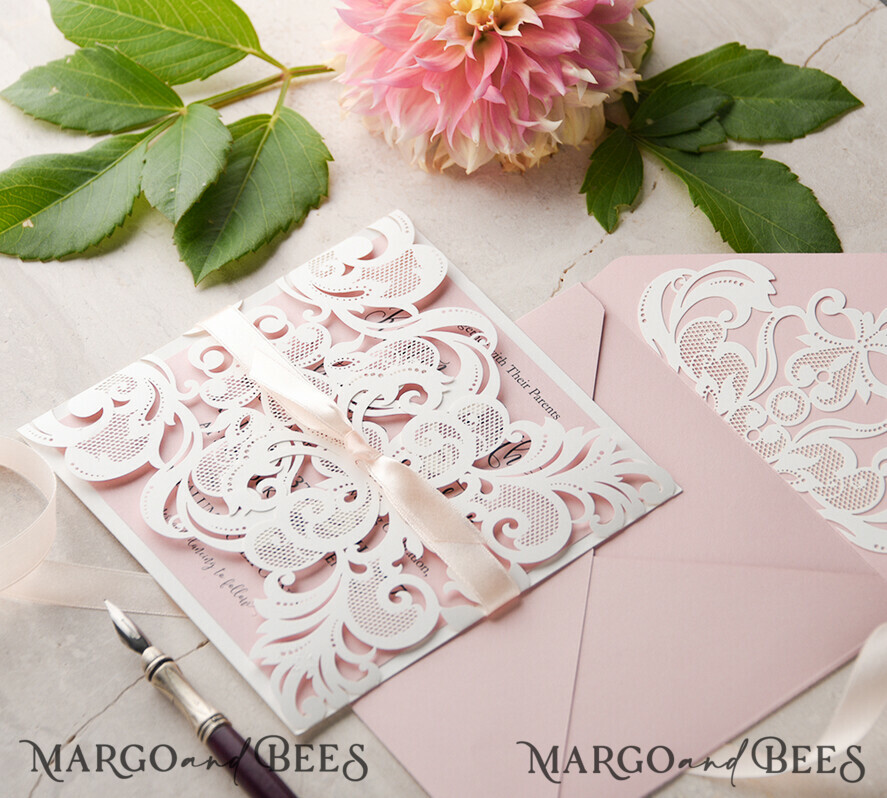 WEDDING INVITATIONS lasercut / engraved/ embossed Elegant Wedding invitations suite, lace Blush Pink wedding invitation set, Pink Cheap wedding invites, eco rustic weding cards