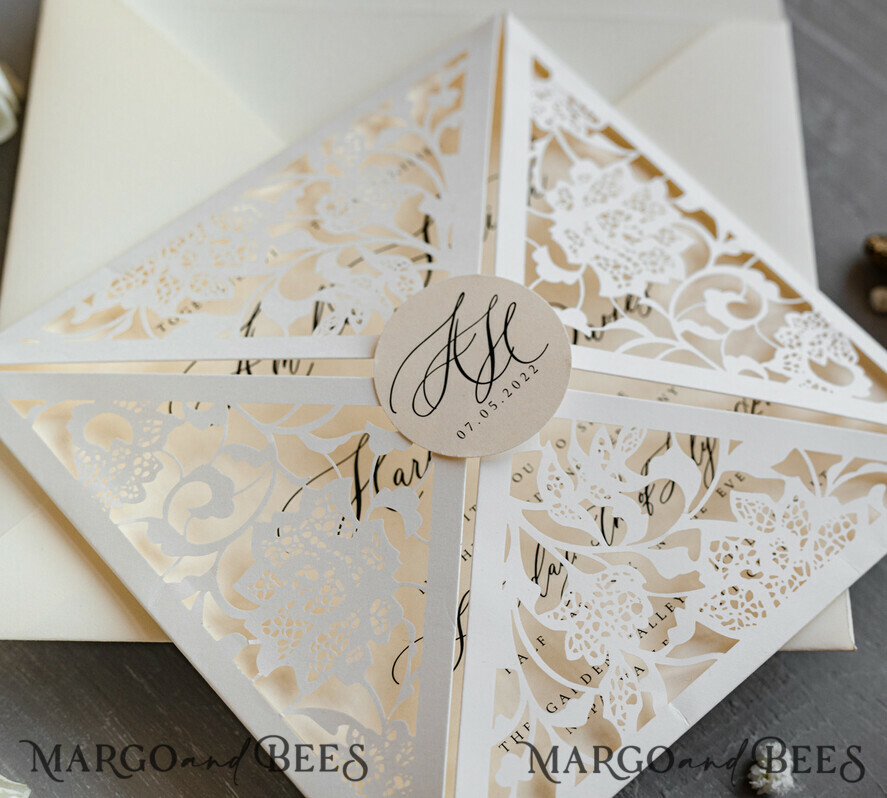 WEDDING INVITATIONS lasercut / engraved/ embossed Laser Cut wedding invitation set, Elegant wedding stationery, Ivory Wedding invitations handmade, Laser cut Pocket Wedding Invitation, Luxury lace wedding invitation set, Laser cut Wedding Invitation