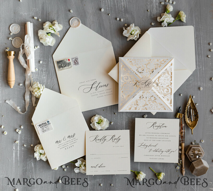 WEDDING INVITATIONS lasercut / engraved/ embossed Laser Cut wedding invitation set, Elegant wedding stationery, Ivory Wedding invitations handmade, Laser cut Pocket Wedding Invitation, Luxury lace wedding invitation set, Laser cut Wedding Invitation