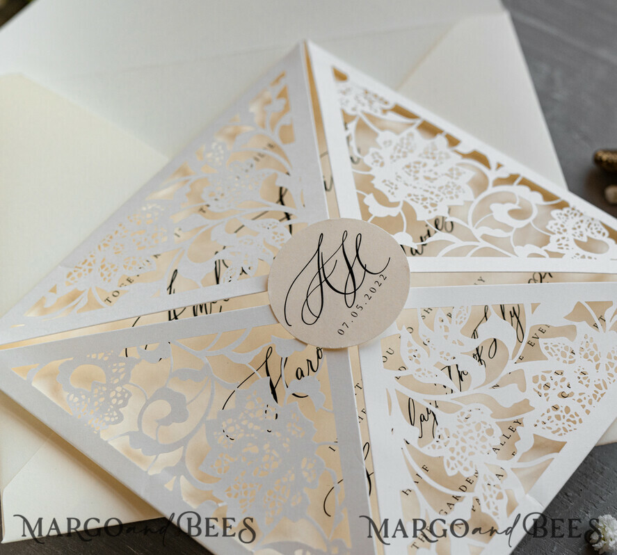 WEDDING INVITATIONS lasercut / engraved/ embossed Laser Cut wedding invitation set, Elegant wedding stationery, Ivory Wedding invitations handmade, Laser cut Pocket Wedding Invitation, Luxury lace wedding invitation set, Laser cut Wedding Invitation