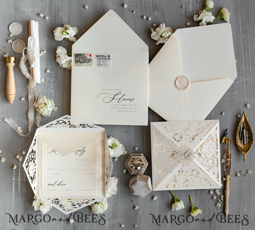 WEDDING INVITATIONS lasercut / engraved/ embossed Laser Cut wedding invitation set, Elegant wedding stationery, Ivory Wedding invitations handmade, Laser cut Pocket Wedding Invitation, Luxury lace wedding invitation set, Laser cut Wedding Invitation