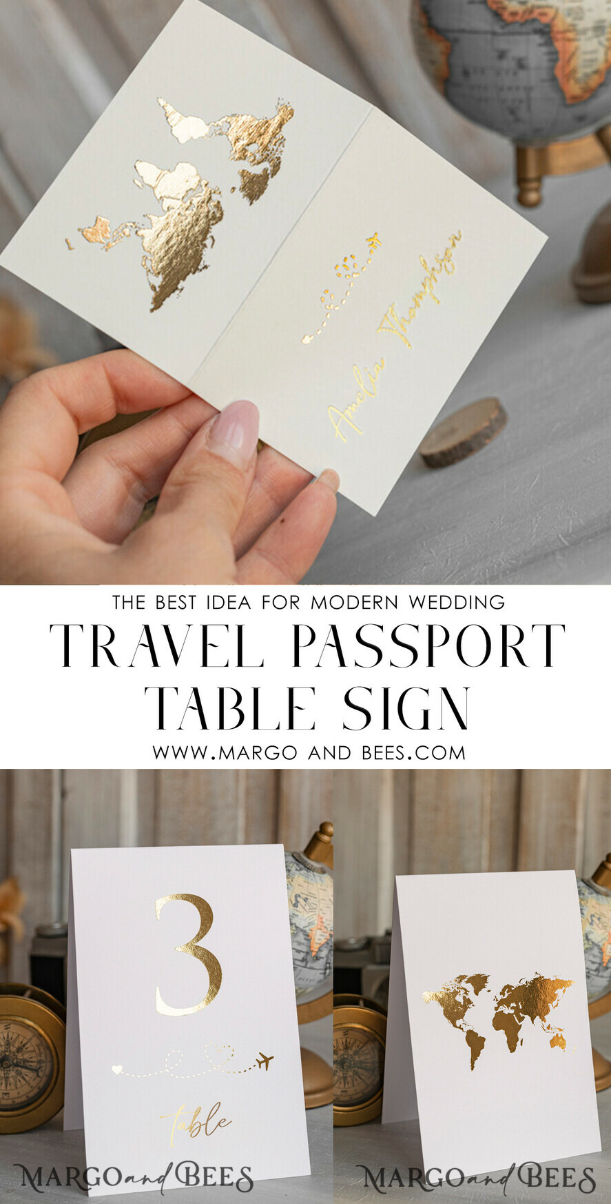 TISCHDEKORATIONSCHILDER Strand Gold Reisepass Hochzeits Tischnummer – Luxus Zeltkarte, elfenbeinfarbene Hochzeitsstationery, Zelt Tischnummern