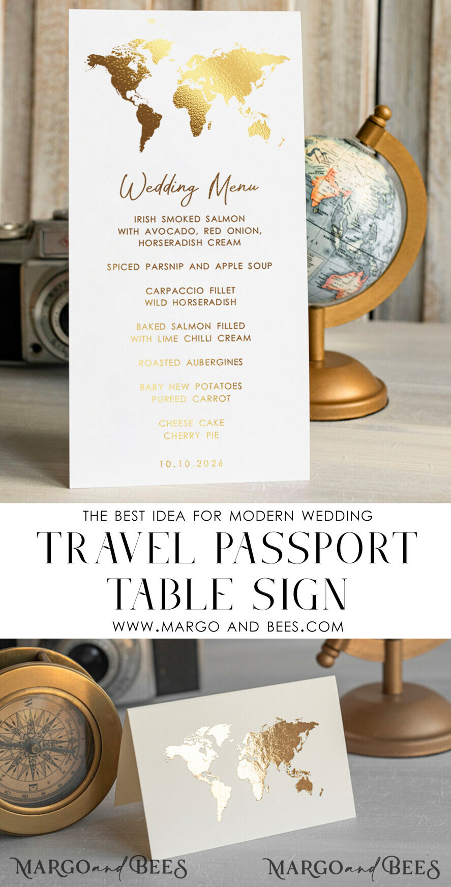 TISCHDEKORATIONSCHILDER Strand Gold Reisepass Hochzeits Tischnummer – Luxus Zeltkarte, elfenbeinfarbene Hochzeitsstationery, Zelt Tischnummern