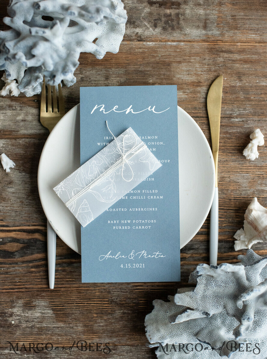MENU & PROGRAMS beach Wedding menu card beach theme dusty blue white