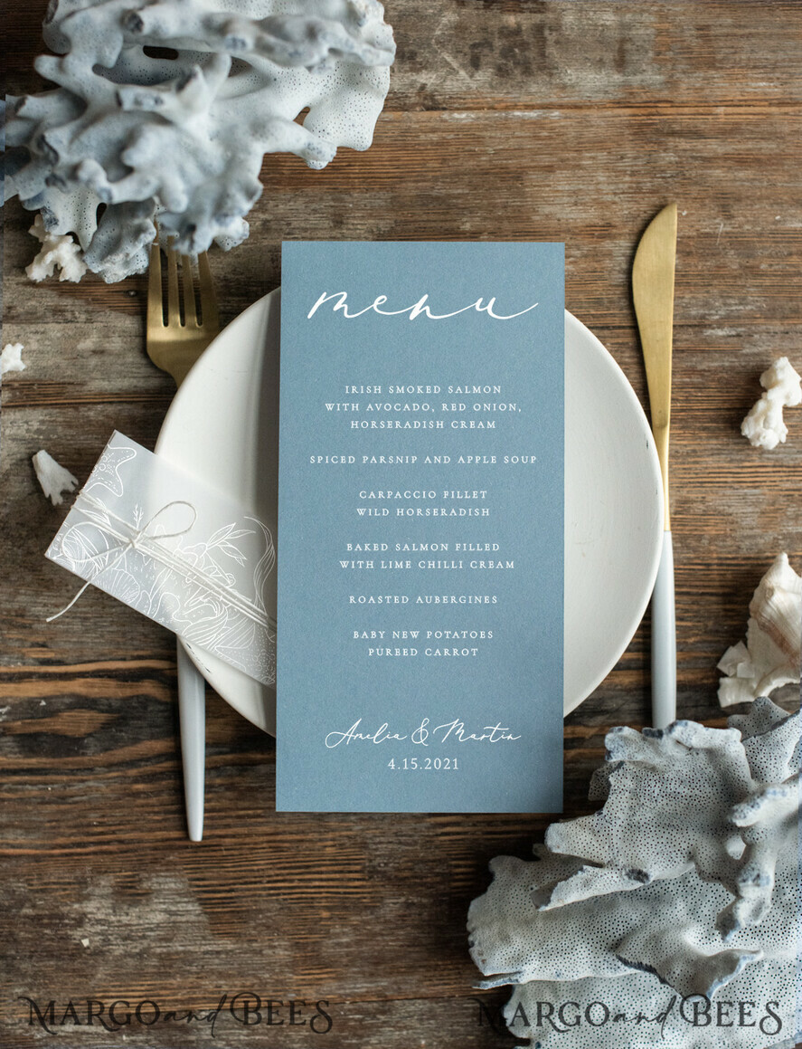 MENU & PROGRAMS beach Wedding menu card beach theme dusty blue white