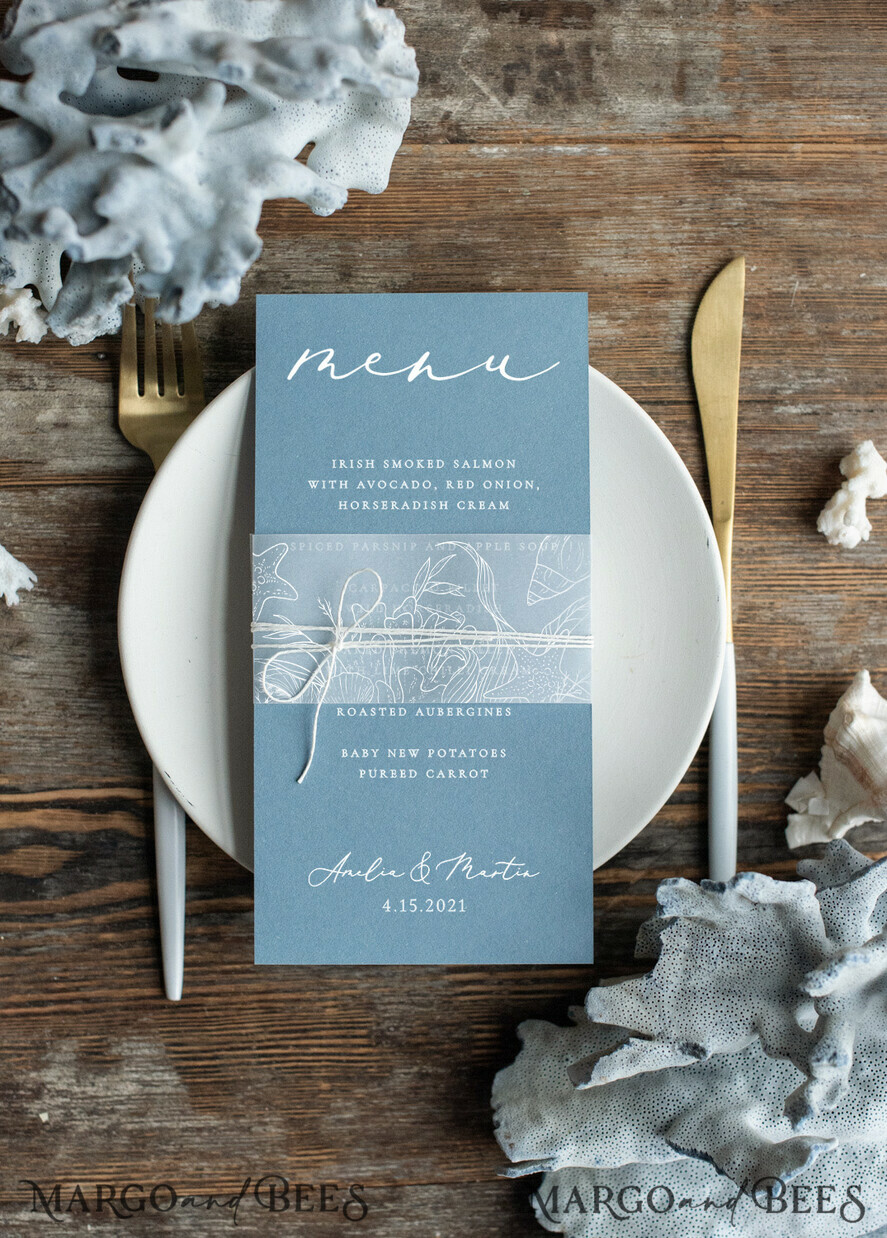 MENU & PROGRAMS beach Wedding menu card beach theme dusty blue white