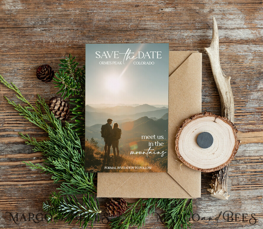 DATEN MERKEN Strand-Reise-Magnete Personalisierte Waldgebirgen Save the Date Magnete und Karten, Reisehochzeit Save Our Dates, Holzscheibenmagnete aus dem Wald