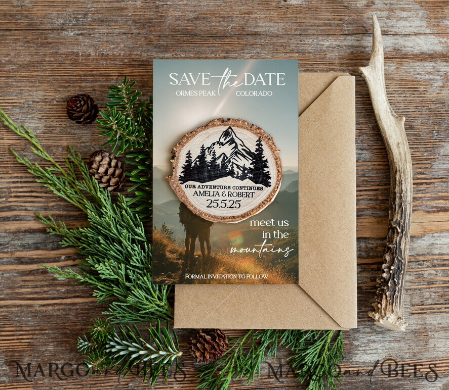 DATEN MERKEN Strand-Reise-Magnete Personalisierte Waldgebirgen Save the Date Magnete und Karten, Reisehochzeit Save Our Dates, Holzscheibenmagnete aus dem Wald