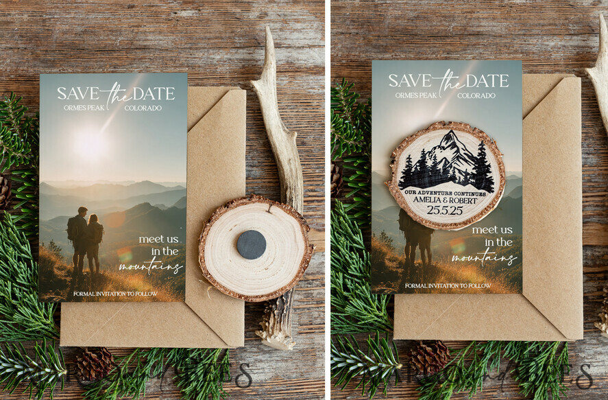 DATEN MERKEN Strand-Reise-Magnete Personalisierte Waldgebirgen Save the Date Magnete und Karten, Reisehochzeit Save Our Dates, Holzscheibenmagnete aus dem Wald