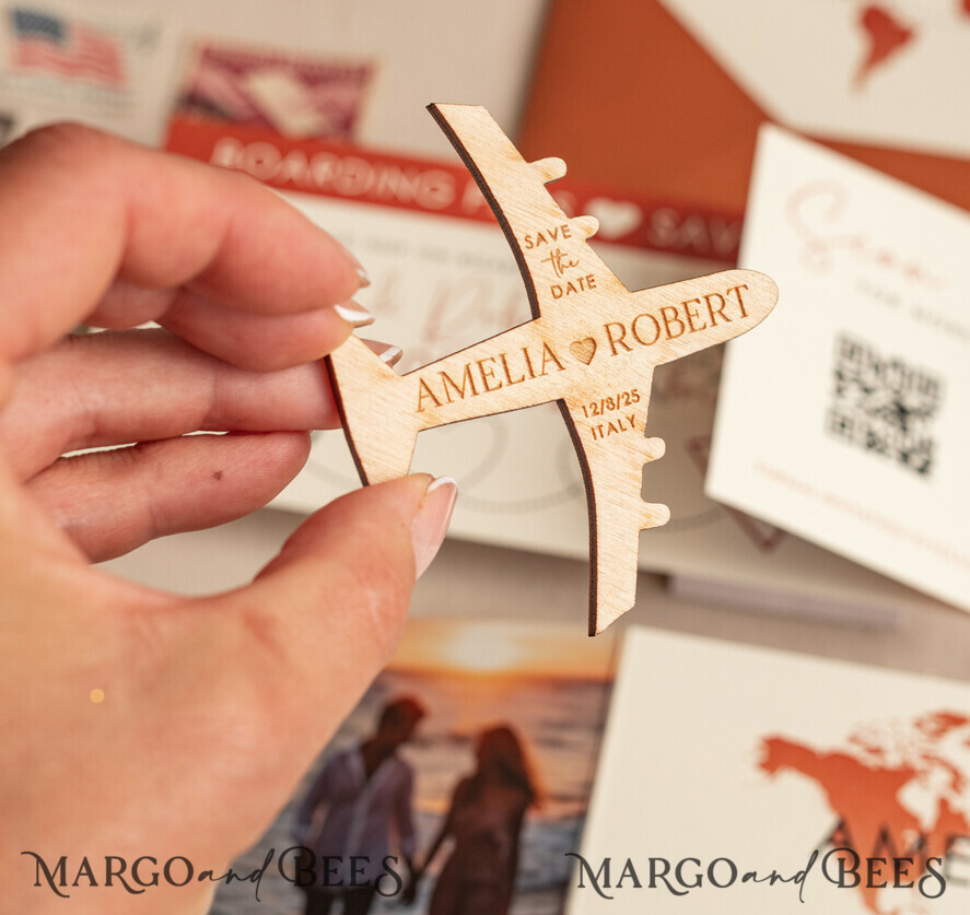 DATEN MERKEN Strand-Reise-Magnete Terrakotta Holzflugzeugmagnet Save The Date Karten mit Foto Bordkarte Reiseflugzeug Save the Dates Zielhochzeitsmagnete