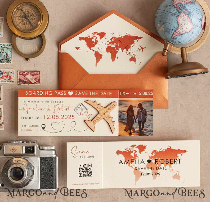 DATEN MERKEN Strand-Reise-Magnete Terrakotta Holzflugzeugmagnet Save The Date Karten mit Foto Bordkarte Reiseflugzeug Save the Dates Zielhochzeitsmagnete