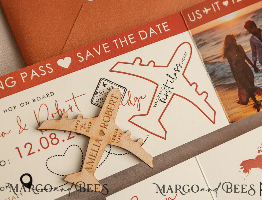 DATEN MERKEN Strand-Reise-Magnete Terrakotta Holzflugzeugmagnet Save The Date Karten mit Foto Bordkarte Reiseflugzeug Save the Dates Zielhochzeitsmagnete