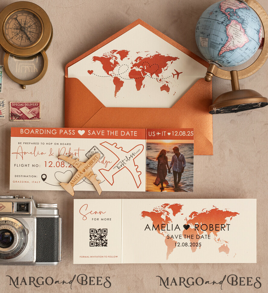 DATEN MERKEN Strand-Reise-Magnete Terrakotta Holzflugzeugmagnet Save The Date Karten mit Foto Bordkarte Reiseflugzeug Save the Dates Zielhochzeitsmagnete
