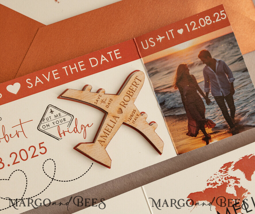 DATEN MERKEN Strand-Reise-Magnete Terrakotta Holzflugzeugmagnet Save The Date Karten mit Foto Bordkarte Reiseflugzeug Save the Dates Zielhochzeitsmagnete