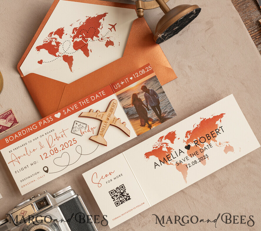 DATEN MERKEN Strand-Reise-Magnete Terrakotta Holzflugzeugmagnet Save The Date Karten mit Foto Bordkarte Reiseflugzeug Save the Dates Zielhochzeitsmagnete