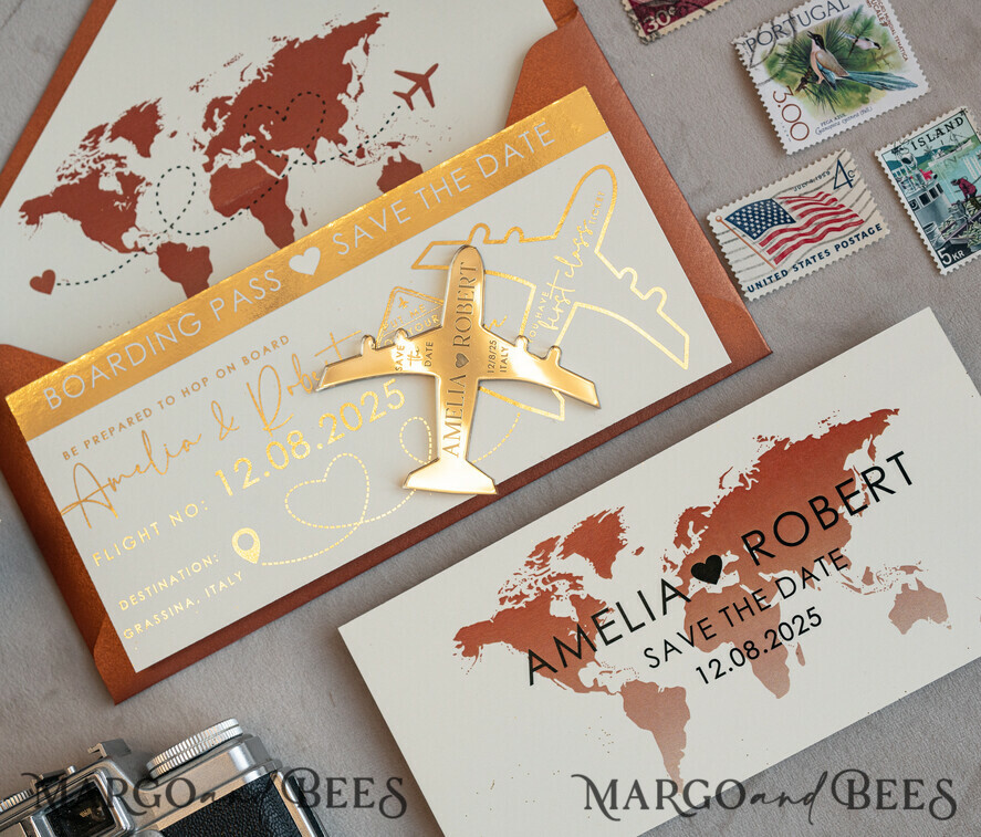 SAVE THE DATES beach travel magnets Terracotta golden airplane magnet Save The Date Cards boardingpass travel airplane save the dates destination wedding magnets