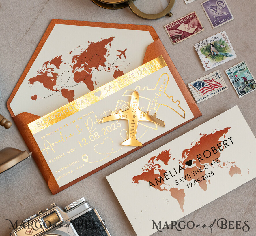 SAVE THE DATES beach travel magnets Terracotta golden airplane magnet Save The Date Cards boardingpass travel airplane save the dates destination wedding magnets
