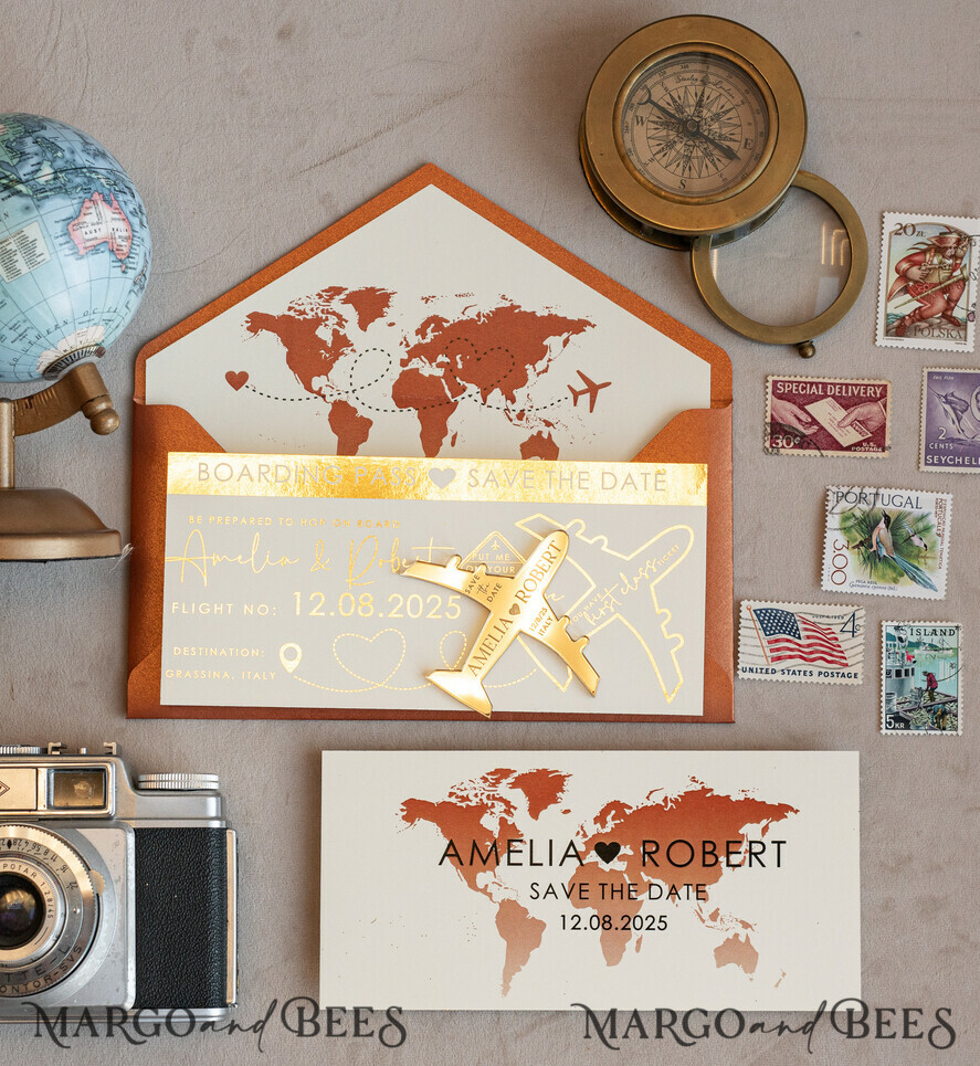 SAVE THE DATES beach travel magnets Terracotta golden airplane magnet Save The Date Cards boardingpass travel airplane save the dates destination wedding magnets