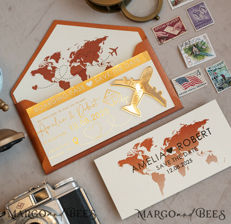 SAVE THE DATES beach travel magnets Terracotta golden airplane magnet Save The Date Cards boardingpass travel airplane save the dates destination wedding magnets