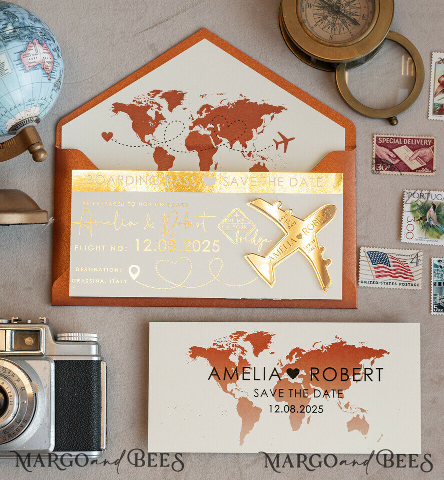 SAVE THE DATES beach travel magnets Terracotta golden airplane magnet Save The Date Cards boardingpass travel airplane save the dates destination wedding magnets