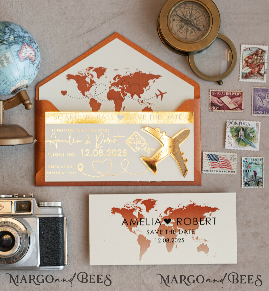 SAVE THE DATES beach travel magnets Terracotta golden airplane magnet Save The Date Cards boardingpass travel airplane save the dates destination wedding magnets