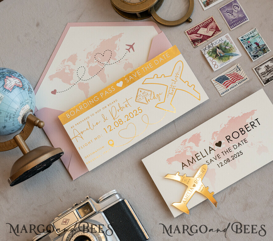 SAVE THE DATES beach travel magnets Blush Pink golden airplane magnet Save The Date Cards boardingpass travel airplane save the dates destination wedding magnets